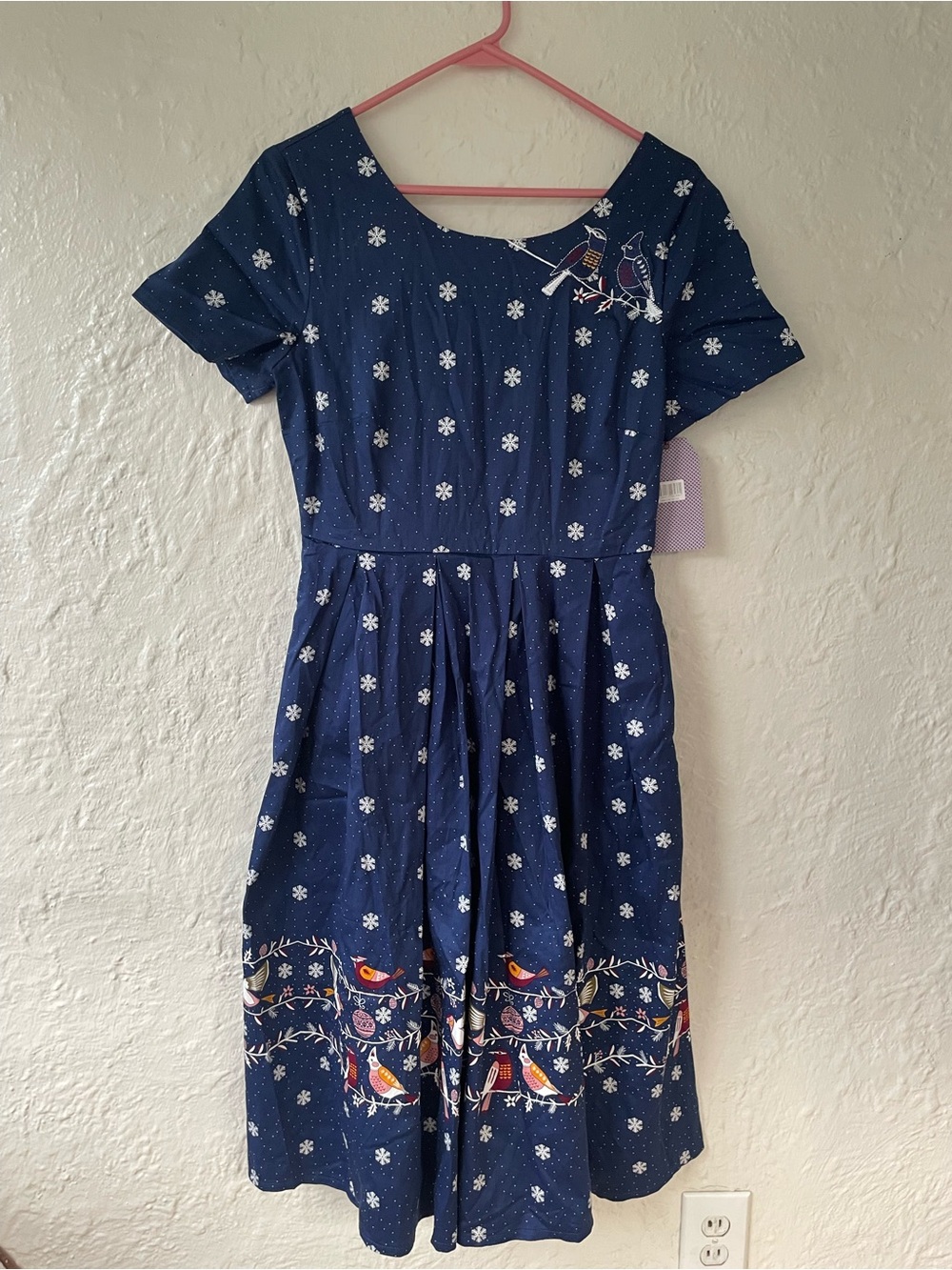NWT Banned Retro blue cardinal bird embroidered fit flare dress; size S